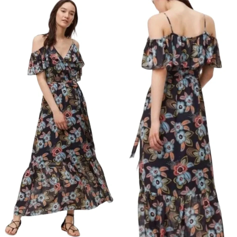 EUC Ann Taylor LOFT Muliticolor Floral Cold Shoulder Ruffle Maxi Dress